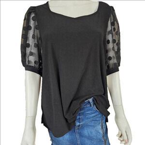89TH & Madison Black Square Neckline Swiss Dot Sheer Sleeve Top Size 1X